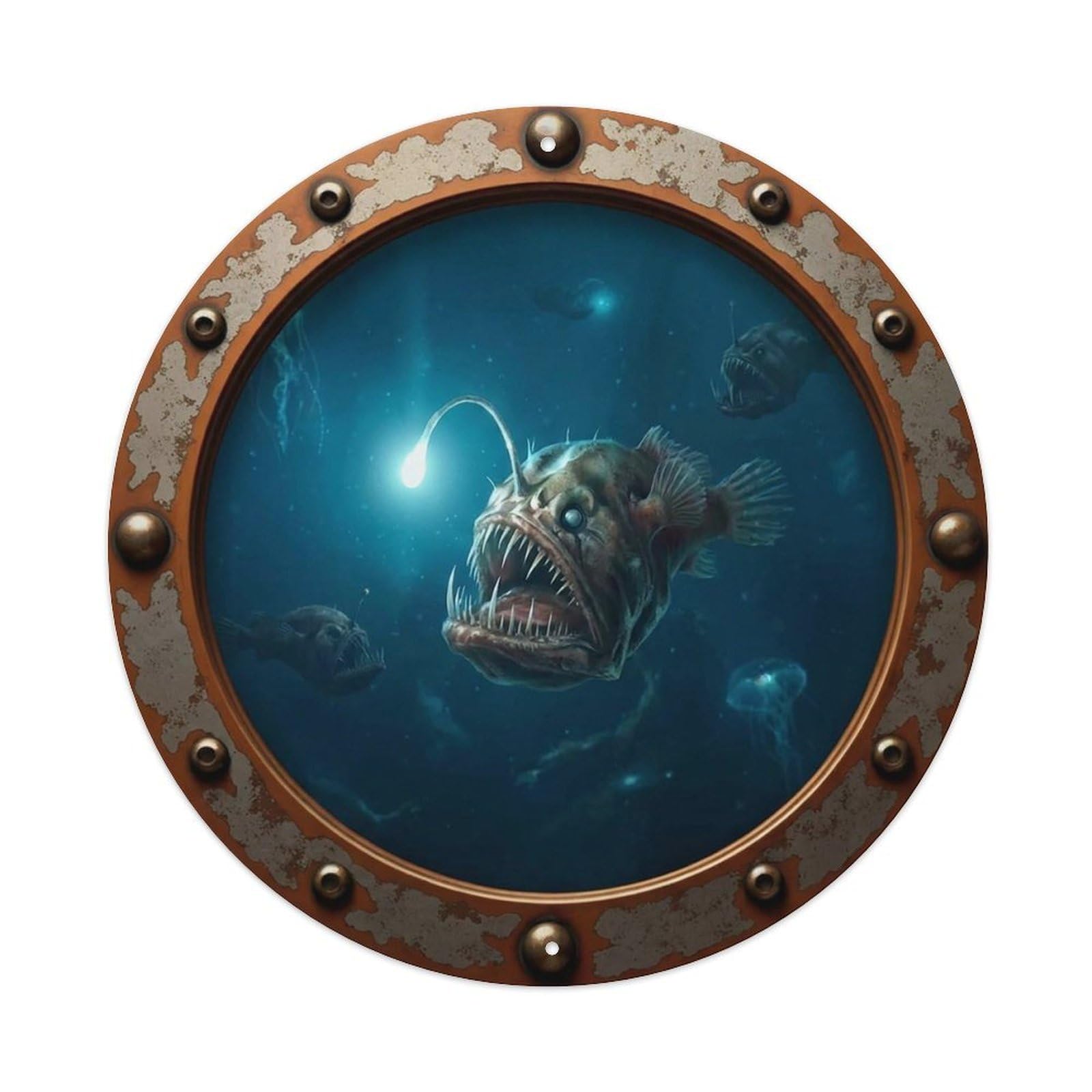 Vintage Porthole Anglerfish Nautical Window View Vintage Metal Tin Sign Plaque Wall Decor for Cafe, Club Bar, Office, Garden Metal Poster 8x8Inch