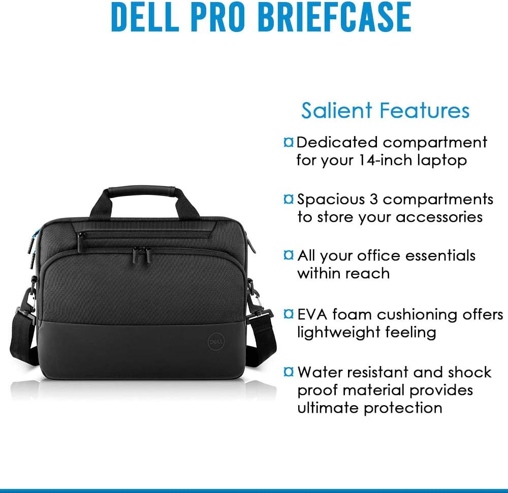 Dell Pro Briefcase 14 (PO1420C), Made with an Earth-Friendly Solution-Dyeing Process and Shock-Absorbing EVA Foam That Protects Your Laptop from Impact.