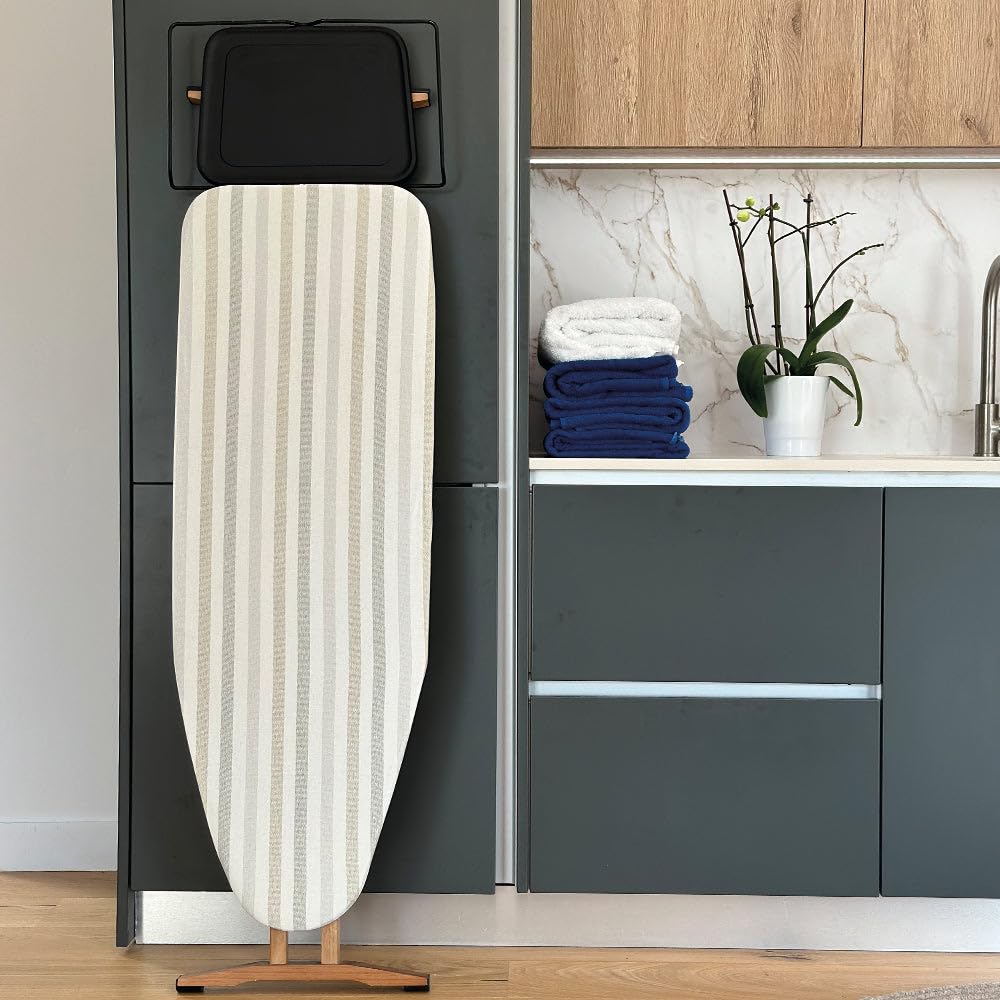 Table à Repasser NUBAR en Bois Massif 130x47 cm Hauteur réglable jusqu'à 92 cm avec Repose-Fer et Support Centrale Vapeur