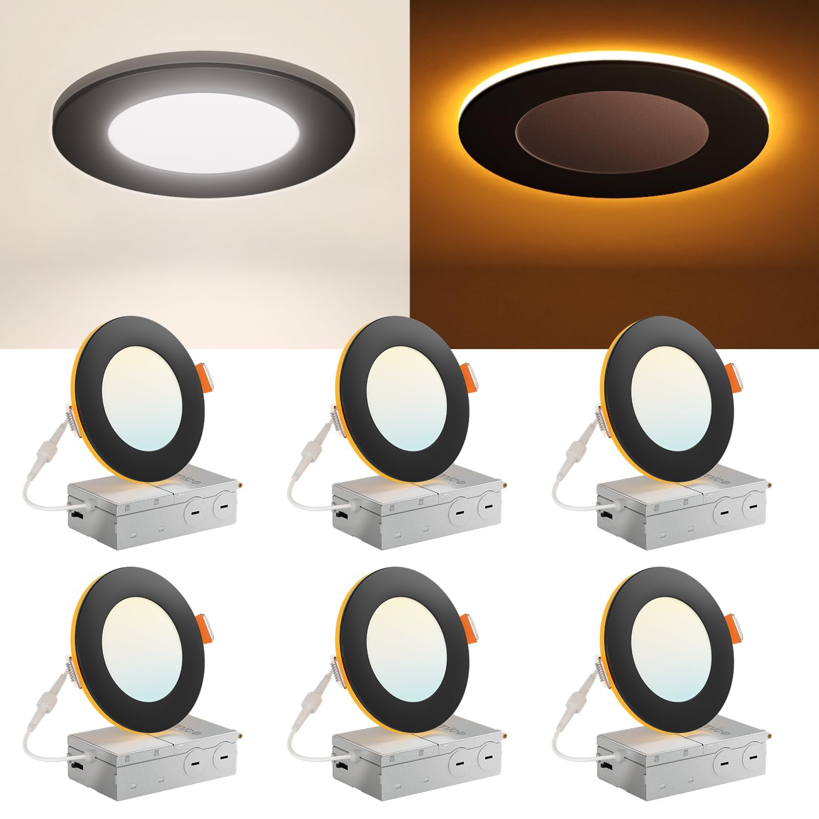 Amico6 Pack Black 4 Inch 5CCT LED Recessed Ceiling Light with Night Light, 2700K/3000K/3500K/4000K/5000K Selectable Ultra-Thin Lighting, 10W=90W, 700LM, Dimmable Canless Wafer Downlight - ETL&FCC