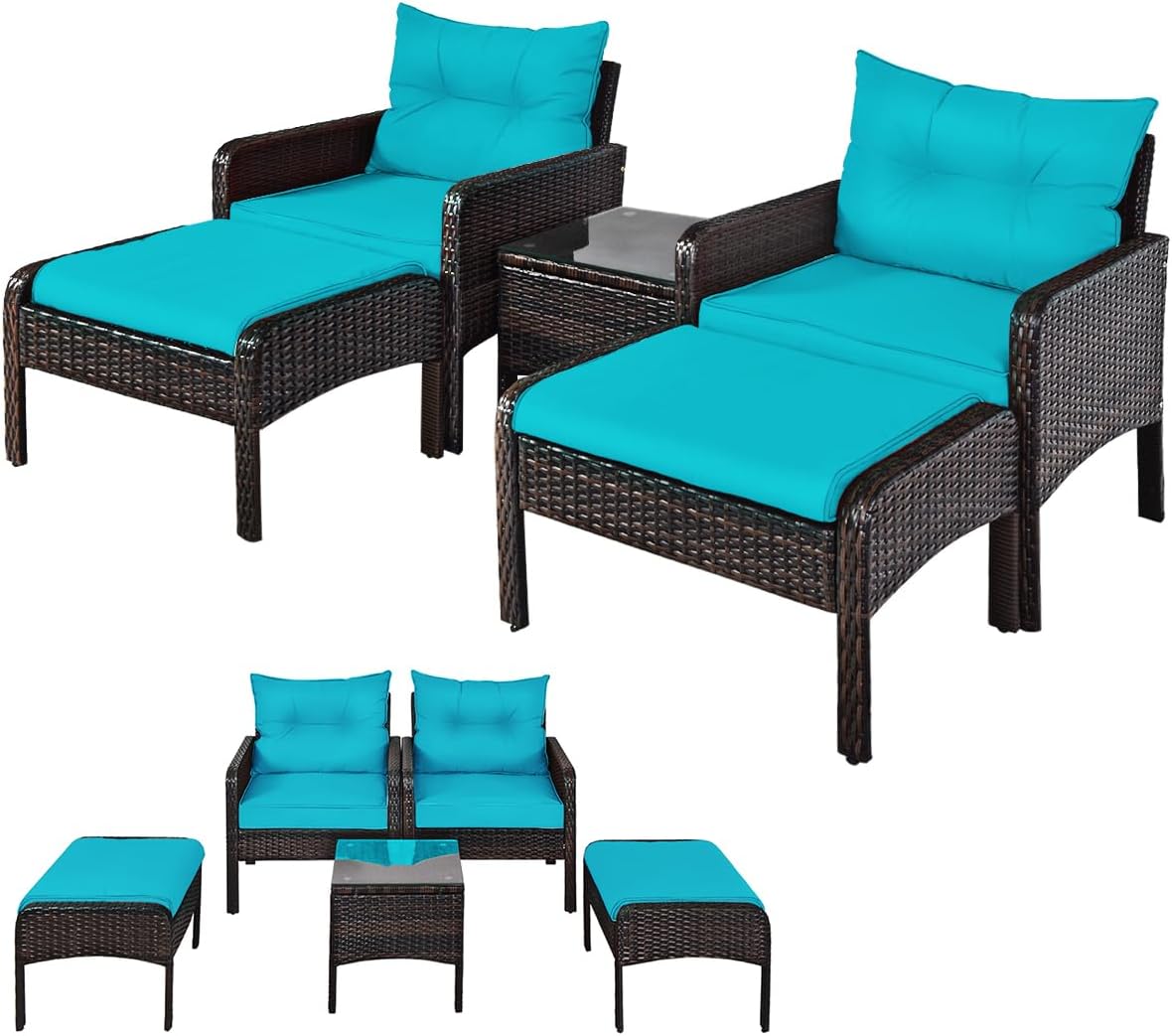 DORTALA 5 Pieces Patio Furniture Set, Outdoor Rattan Conversation Set with Cushions, Glass Table, Ottomans & Chairs, Wicker Sofa Set Backyard Garden Balcony, Turquoise