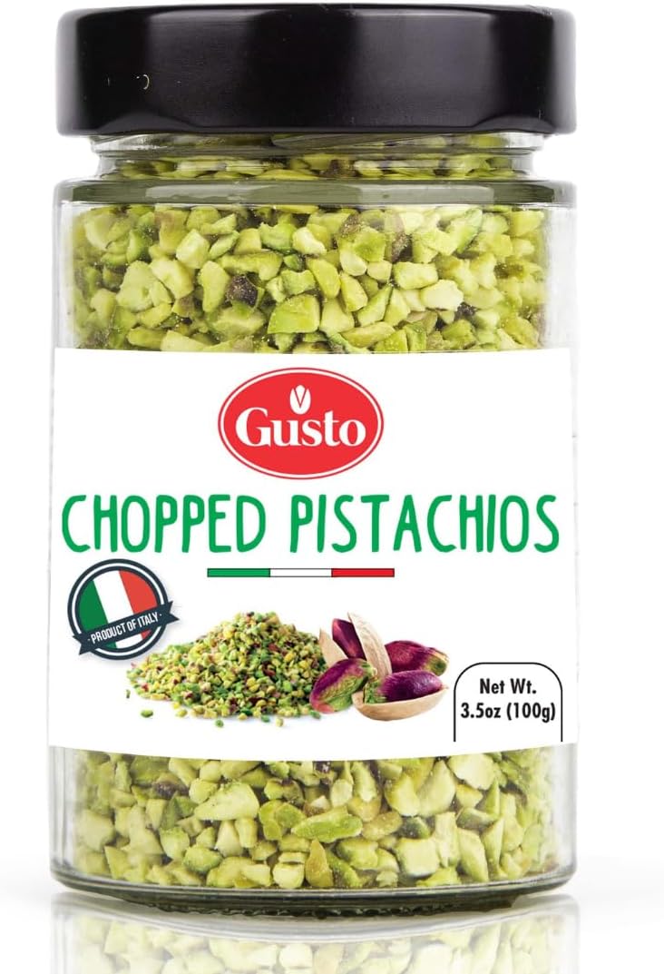 GUSTO ETNA Pistachios Chopped, 3.5 oz (100 g), Sicilian Raw Pistachio Crumbles, Bronte, Sicily, Italy Pistachio Pieces Baking, Cooking, Ice Cream Topping, Pizza Pasta, sanwhich, Non GMO