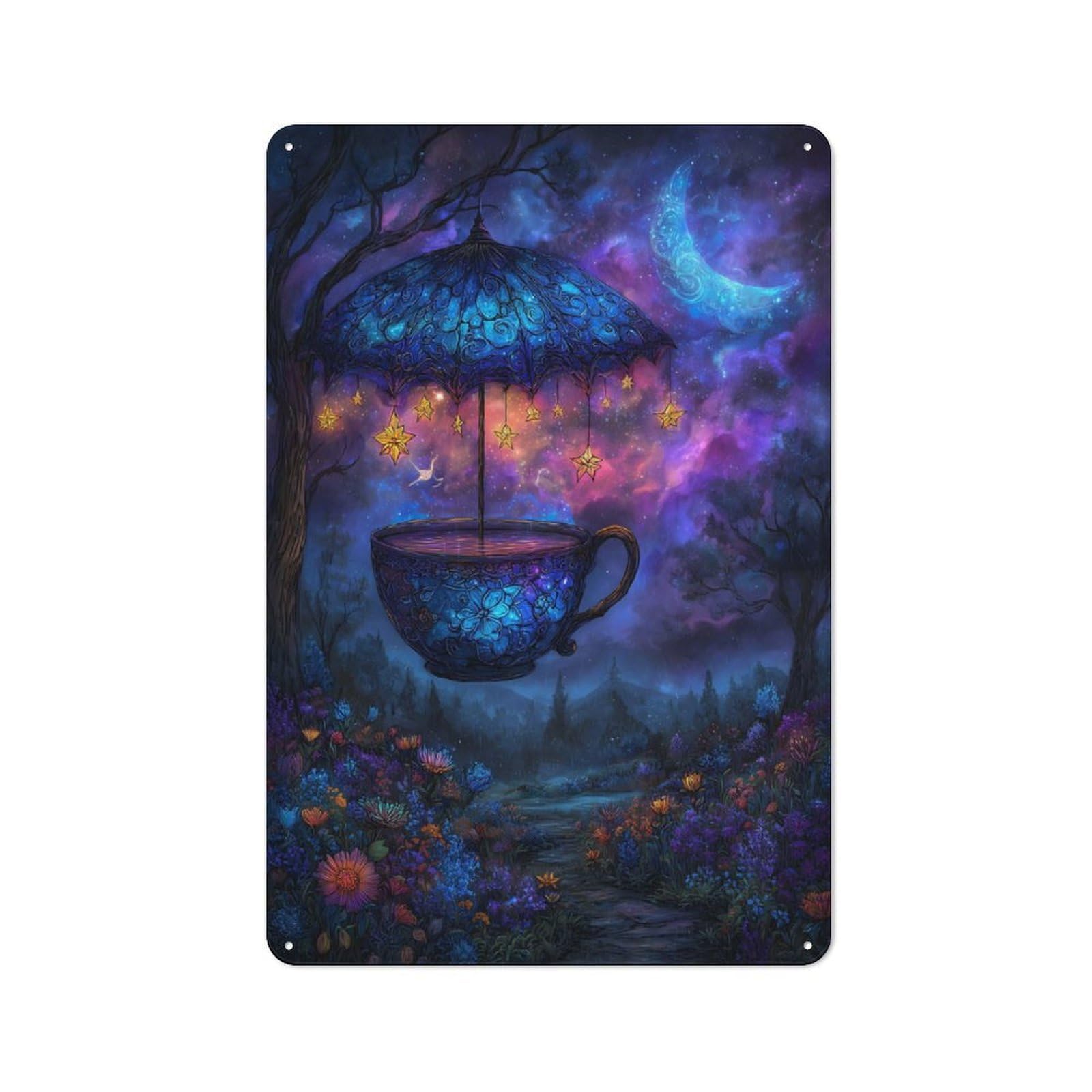 Junmoney Magical Teacup Under Starry Umbrella Tin Sign 30X20cm For Living Room Wall, Rustic Wall Decor, For Living Room Decor Lovers