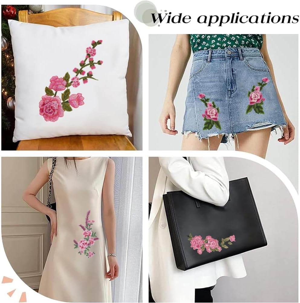 10Pcs 5 Styles Pink Flower Embroidered Patches Vintage Rose Sew on Patch Assorted Floral Embroidery Repair Badge Appliques Bulk for Sewing Making Dress Clothes Crafts Shirt Decor DIY Supply