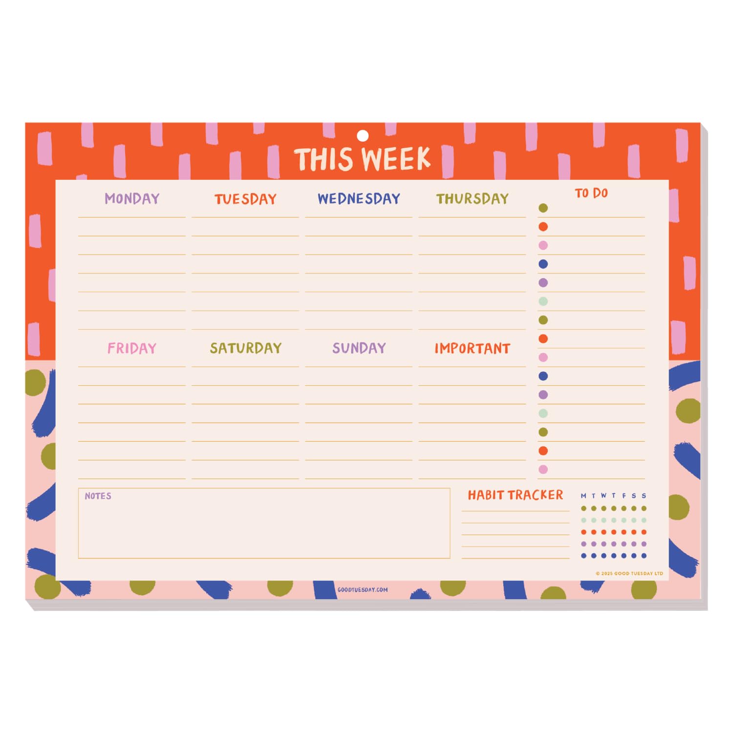 Good Tuesday - A4 Weekly Undated Planner Pad with 52 Tear Away Pages in Colour Flow Design! Ideal for Students and Offices, Printed on 100% Recycled Uncoated Matte Paper, Designed & Made in the UK