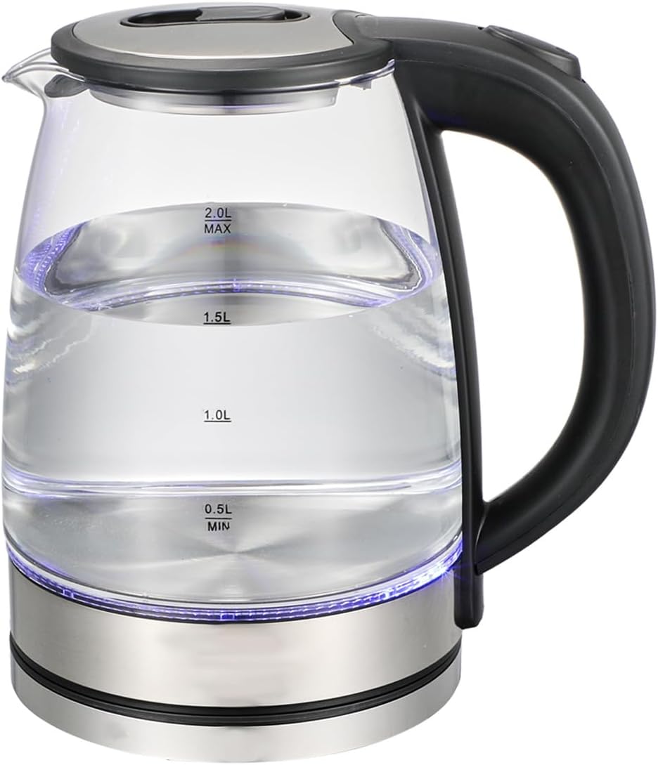 Stainless Steel Glass Kettle 2.2/2.5 Liter Quickly Boil 8 Cups of Water in Minutes, Soft Blue Color LED Lights Illuminate While Boiling, Cordless Portable, Carefree Auto Shut-Off (2.5L 1200W LED)