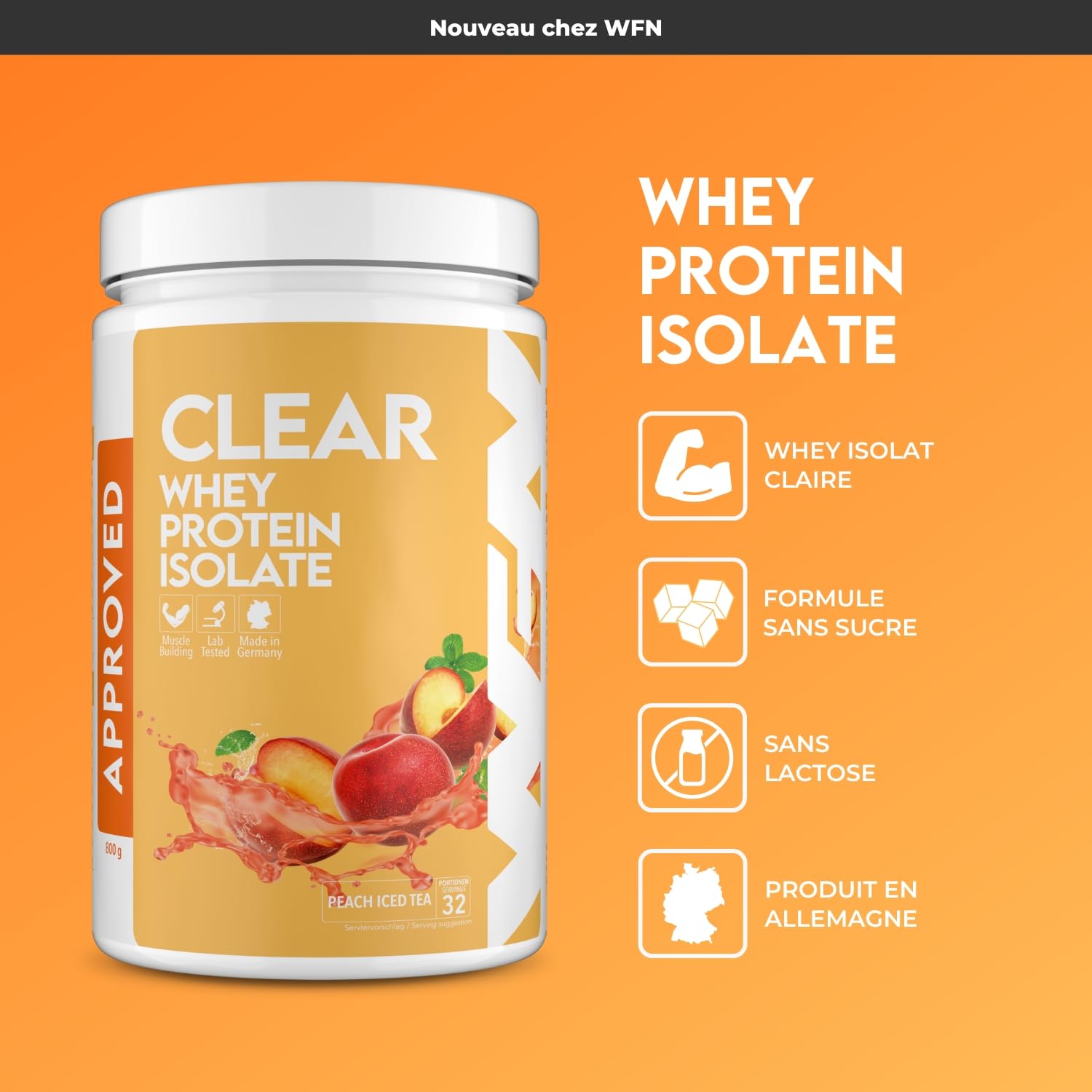 WFN Approved Clear Whey Protein Isolate – Thé glacé à la pêche – 800 g – Shake protéiné fruité – Fabriqué et testé en laboratoire en Allemagne