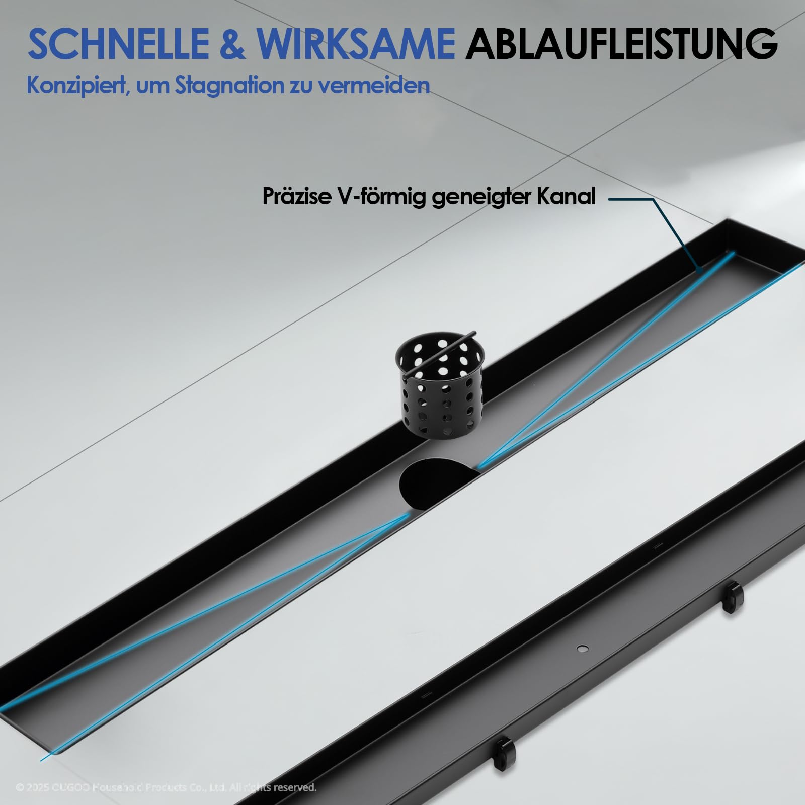 Lineare Duschrinne 60 cm, OUGOO 2-in-1 Befliesbarer Duschabfluss, Bodenablauf Komplettset mit 360° drehbarem Siphon, Haarfilter und Geruchsverschluss, 304 Edelstahl Schwarz