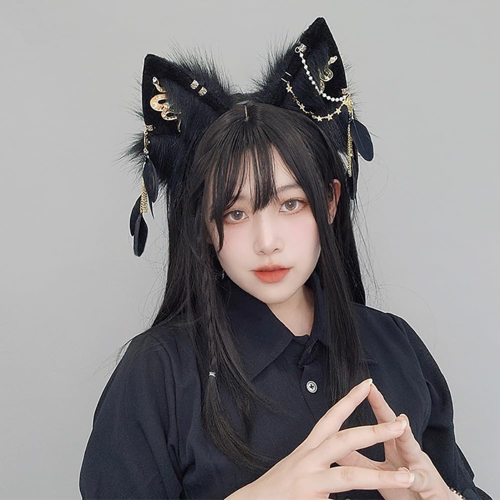 Black Cat Ears Headband Gothic Ears Animal Headband Faux Fur Wolf Jackal Ears Headband With Feather Fox Bunny Halloween Cosplay Costume