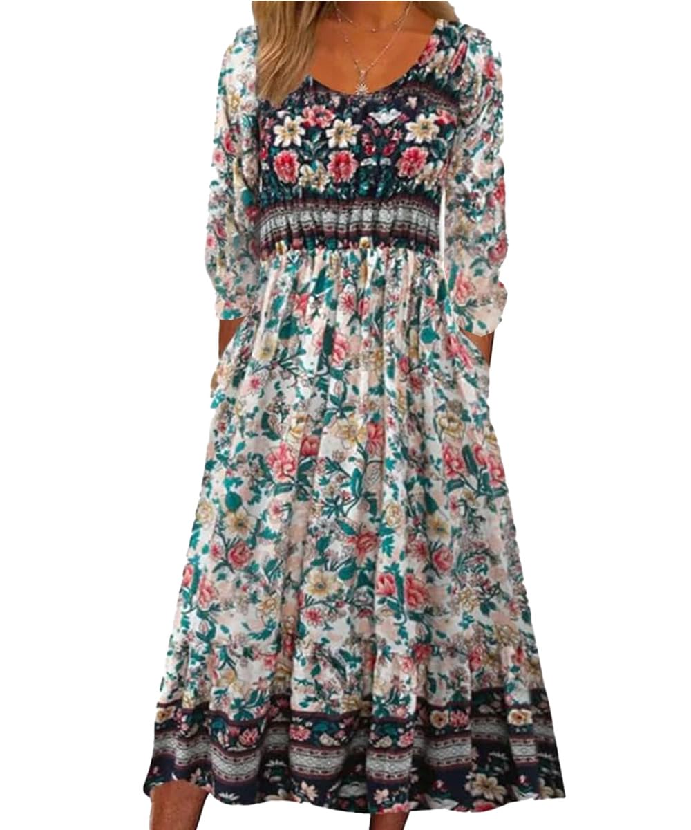 ABINGOO Women's Short Sleeve Round Neck Summer Dress Boho Floral Print A-line Dress Loose Midi Dress Casual Dress Beach Dresses with Pockets