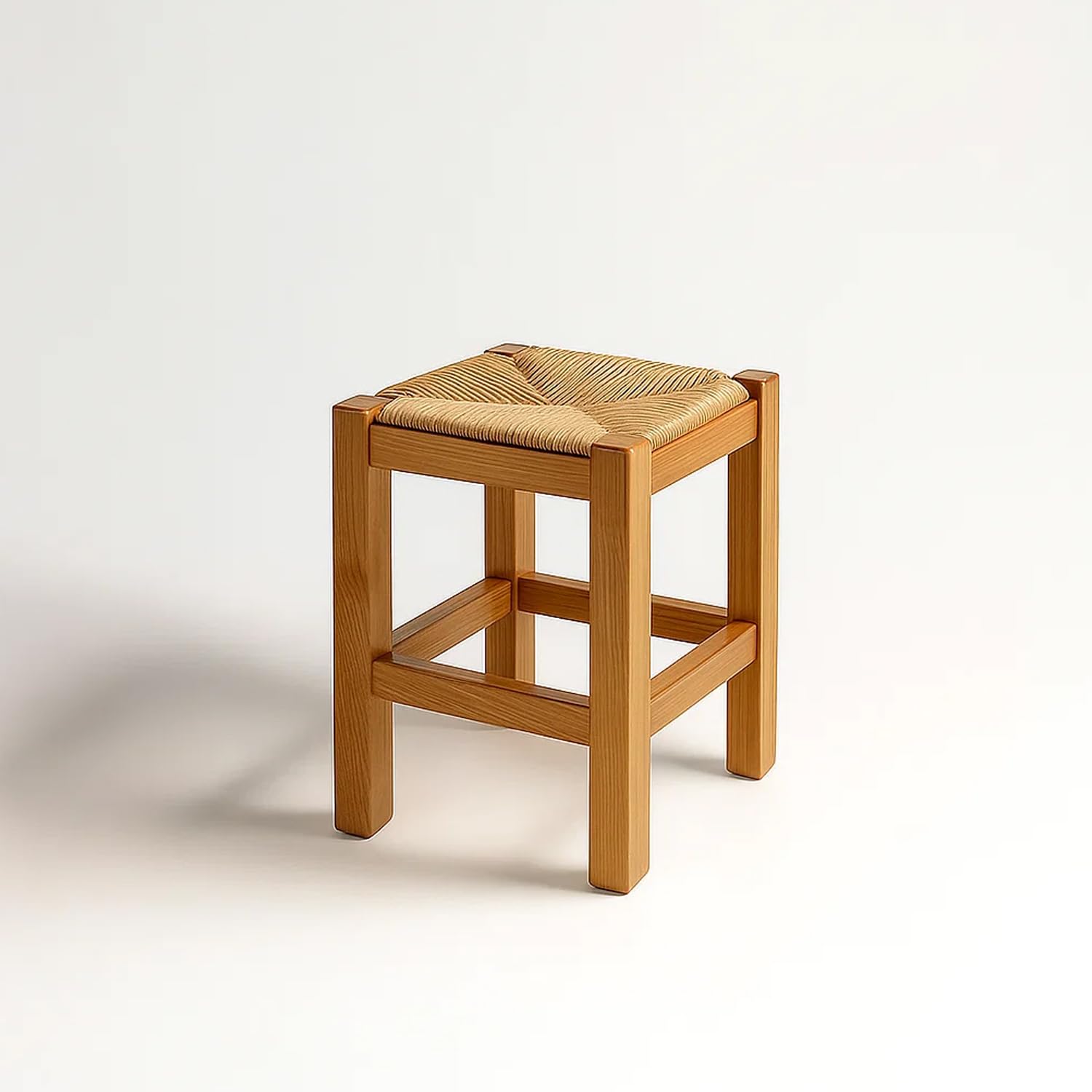 Spacio Taburete Rústico de Madera y Paja Növik – Estilo Nórdico Escandinavo – Banqueta Alta 70 cm y Baja 48,5 cm – Ideal para Cocina, Barra o Comedor | Fabricado en España (Pino Barnizado, BAJO)