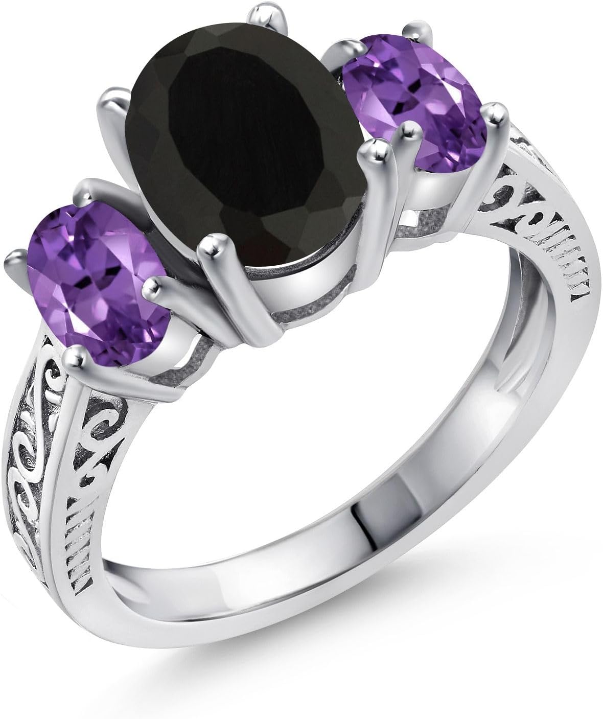 Gem Stone King 2.53 Cttw Black Onyx and Purple Amethyst 3-Stone Ring For Women | 925 Sterling Silver | Gemstone Birthstone | 3 Stone Wedding Engagement Anniversary Promise Ring For Women