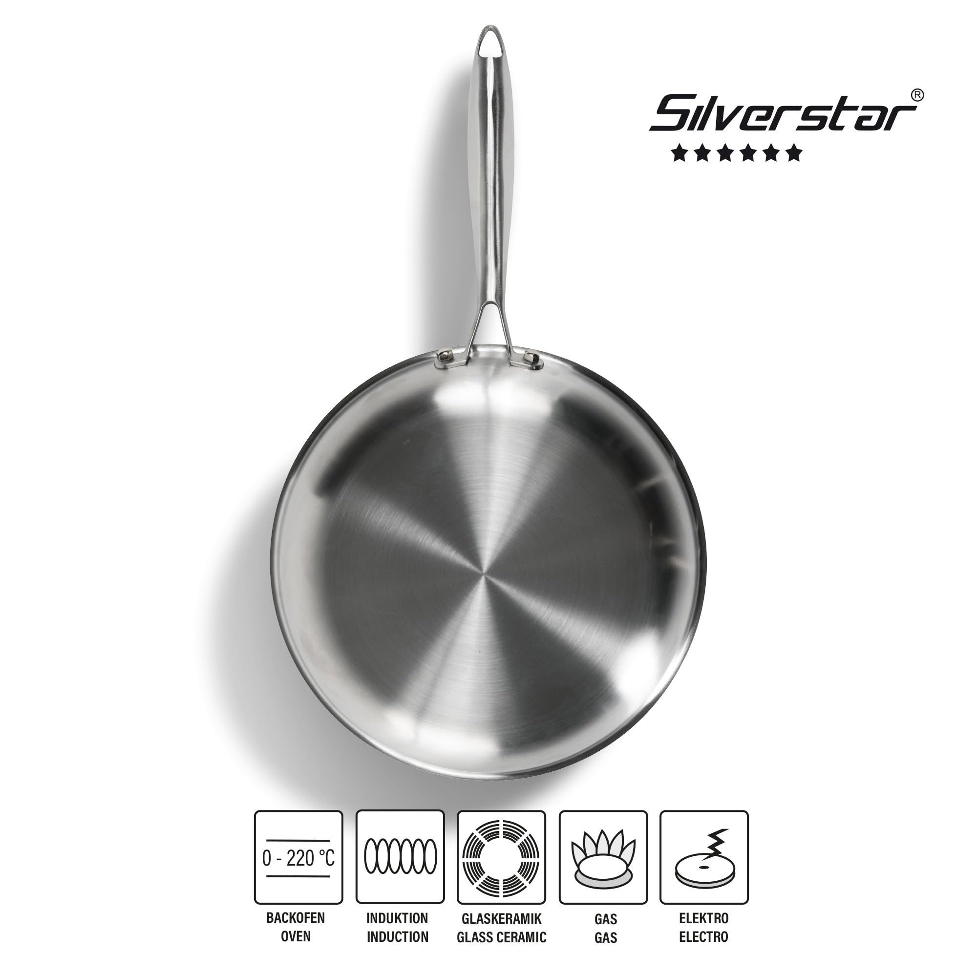 Silverstar Set di padelle in acciaio inox, 20/24/28 cm, con coperchio 24/28 cm, spatola a nido d'ape, antigraffio, antiaderente a induzione, struttura a nido d'ape, per tutti i piani cottura, forno,