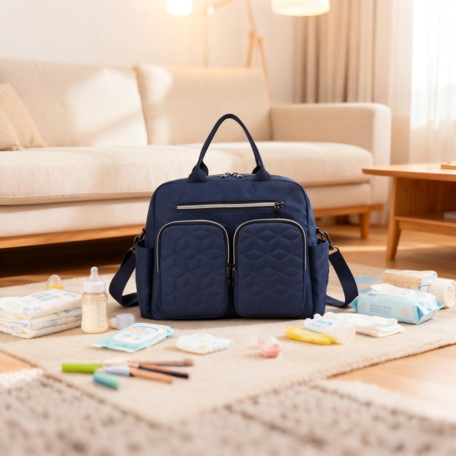 Diaper Bag, Blue Crossbody Mommy Bag With Dual Pockets, Embroidery, Lightweight Polyester, 13 X 11 X 1.2 In