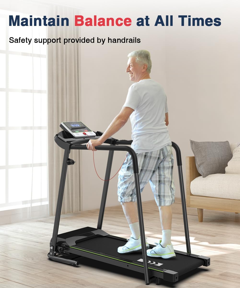 Redliro Walking Treadmill for Senior with Long Handrail, 300 lbs Capacity, Recovery Fitness Exercise Machine Foldable Treadmills for Home with Holder LCD Display, Holder for Phone & Cup