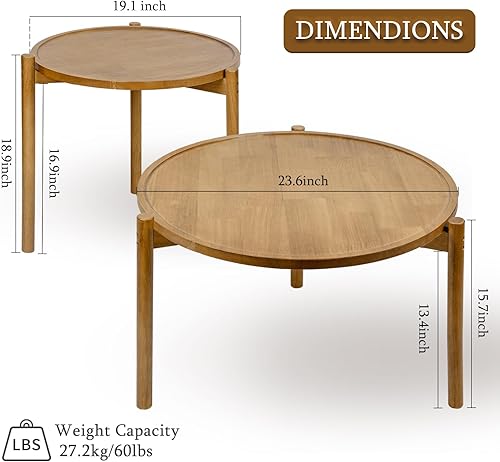 Miniatura 2 de Solid Wood - Juego de 2 mesas auxiliares redondas de madera, mesas auxiliares pequeñas, mesa auxiliar, para sala de estar, dormitorio, balcón