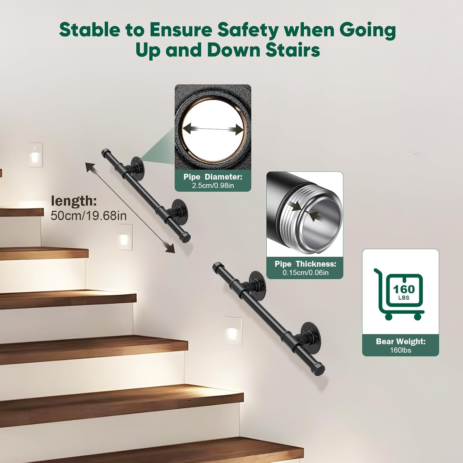 Pasamanos para Escalera, Sunowl 0,5M Barandilla para Escalera Interiores y Exteriores, Barandillas Metal Antideslizantes Seguridad, Barandillas de Galvanizada para Escaleras, Cocina, Baño, Jardín