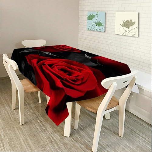 Miniatura 2 de Moslion Mantel rectangular decorativo con diseño floral de rosas rojas y hojas negras, para comedor, barbacoa, picnic, mesa auxiliar, 60 x 84