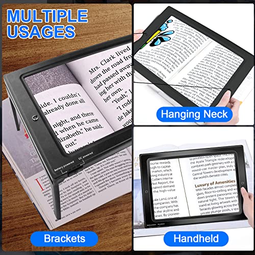 Upgrade Hands-Free 4X Magnifying Glass - JUOIFIP Large Acrylic Lens Magnifier Full Page Rectangular Magnifier 50 LED Lighted Illuminated Foldable Desktop Portable for Elder (Black)