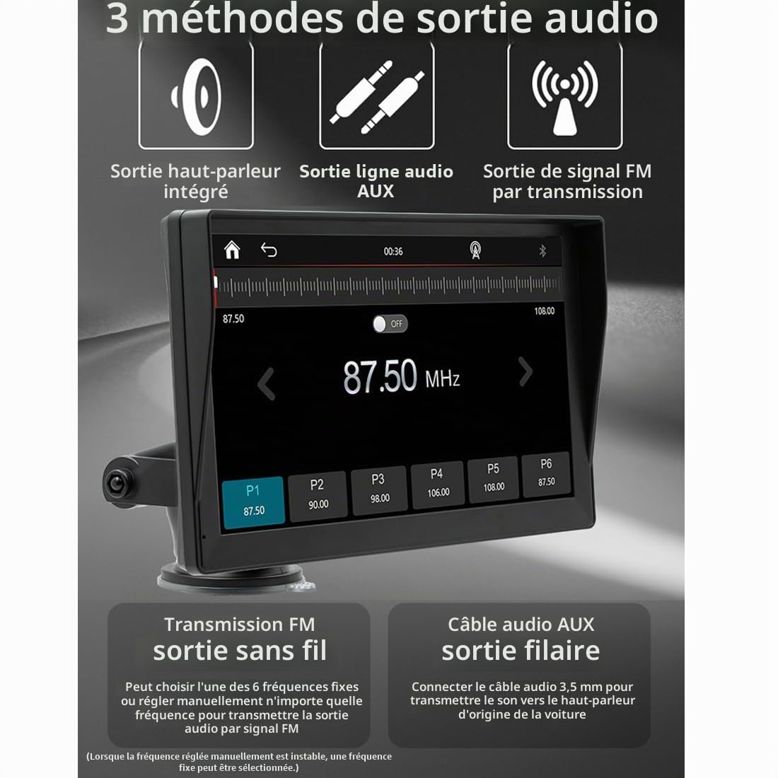Autoradio portable sans fil CarPlay et Android Auto avec pare-soleil, moniteur à écran tactile 9" Bluetooth Auto stéréo avec caméra de recul, DVR, lien miroir/transmetteur FM/AUX véhicule 12 V-24 V