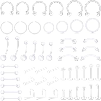 Longita 52pcs UV Clear Piercing Retainer Set Invisible Nose/Lip/Belly Bar/Ear Jewelry Bioflex Hypoallergenic