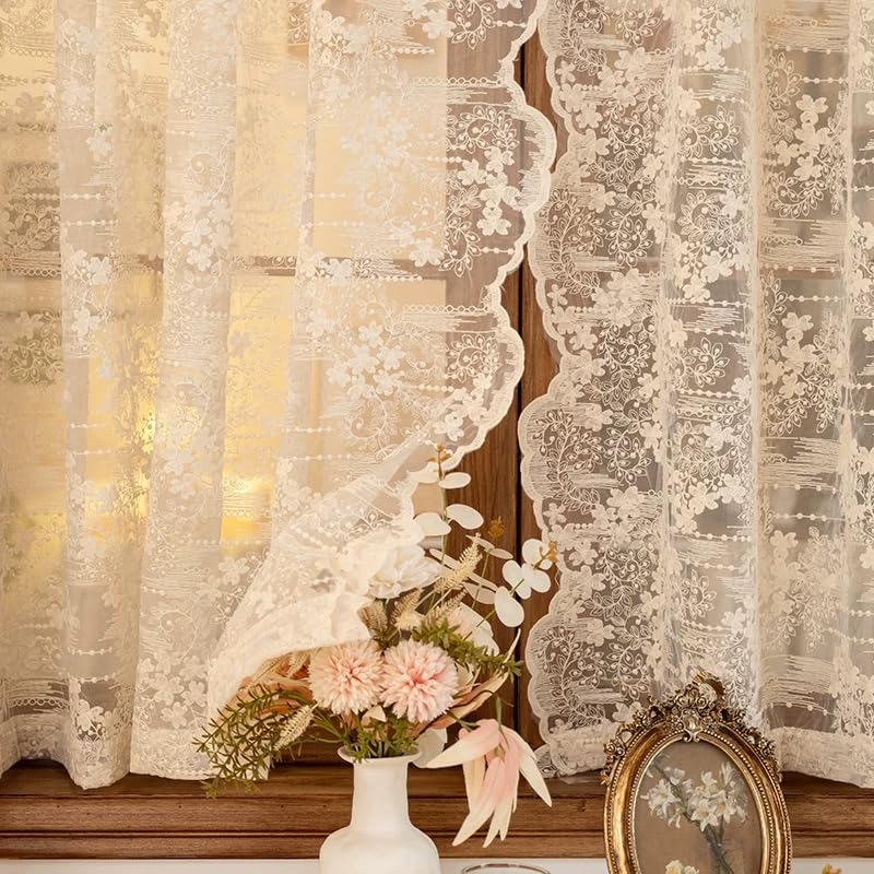 Rideaux De Bistrot Vintage à Fleurs Et Dentelle - Dimensions 130x290 Cm - 2 écharpes - Occasion