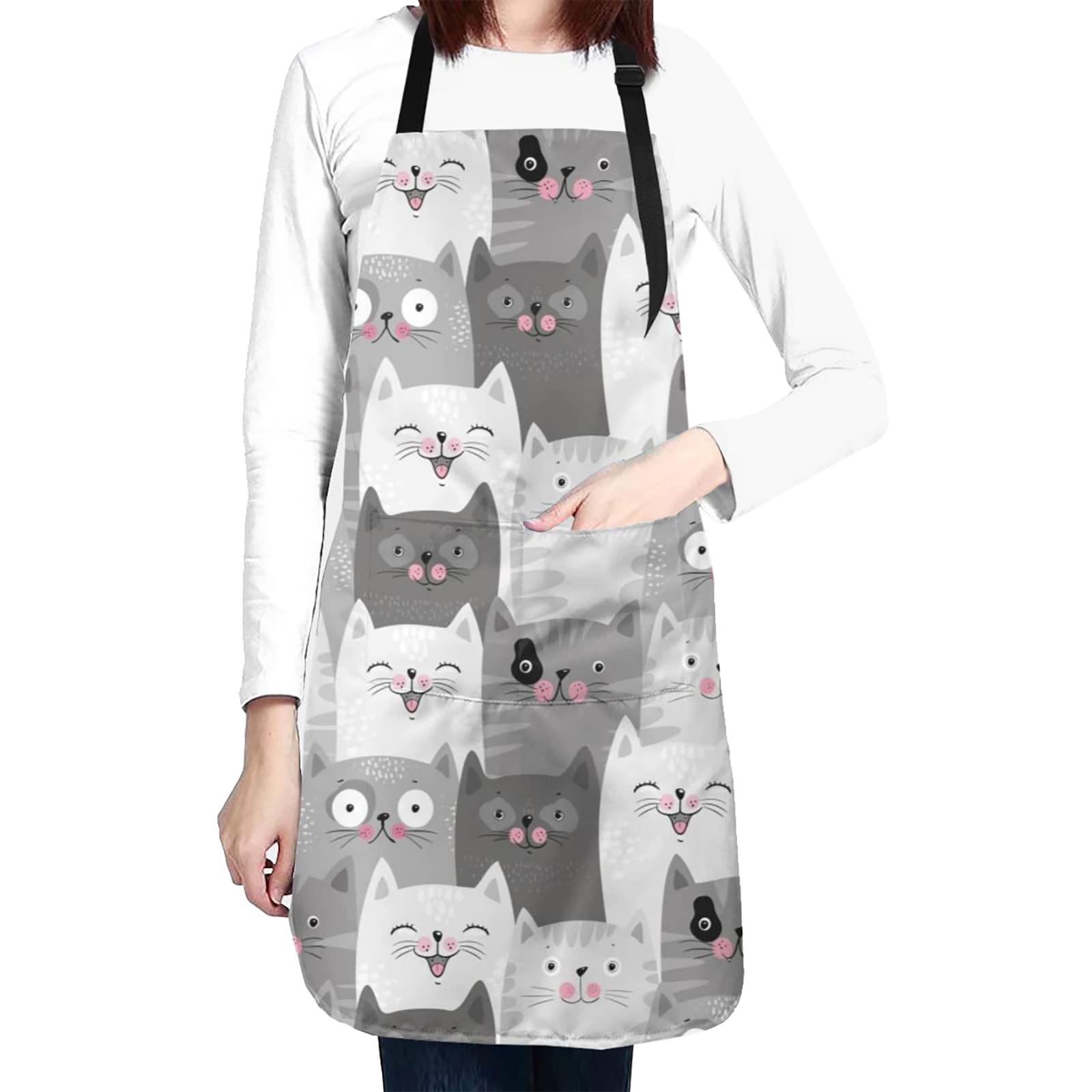 Delantales con diseño de gatos lindos para mujeres con bolsillos, regalos de cumpleaños de Navidad para hombres, chef, mamá, papá, esposa, marido, tía, Gris