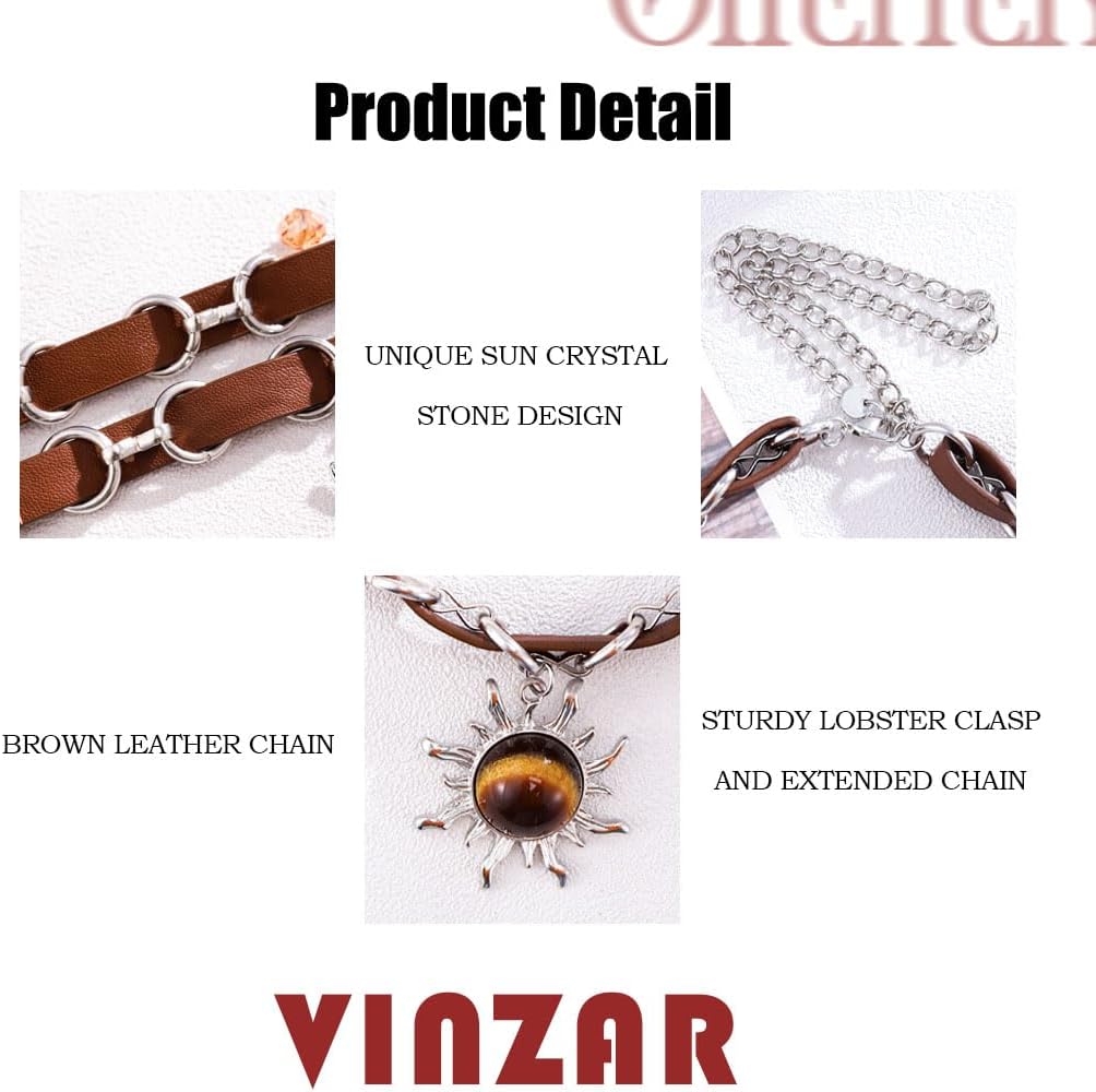 Vinzar Boho Sun Pendant Necklace Brown Leather Necklace Silver Moon Star Choker Necklace Crystal Stone Collar Necklace for Women - Image 5