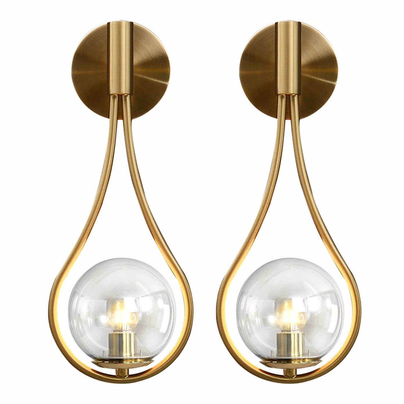 HXYSXHJUO Gold Globe Glass Wall Sconce 2 Pack Mid-Century Modern Vanity Lights Industrial Clear Bathroom Light Indoor Lamp for Living Room Hallway Bedroom