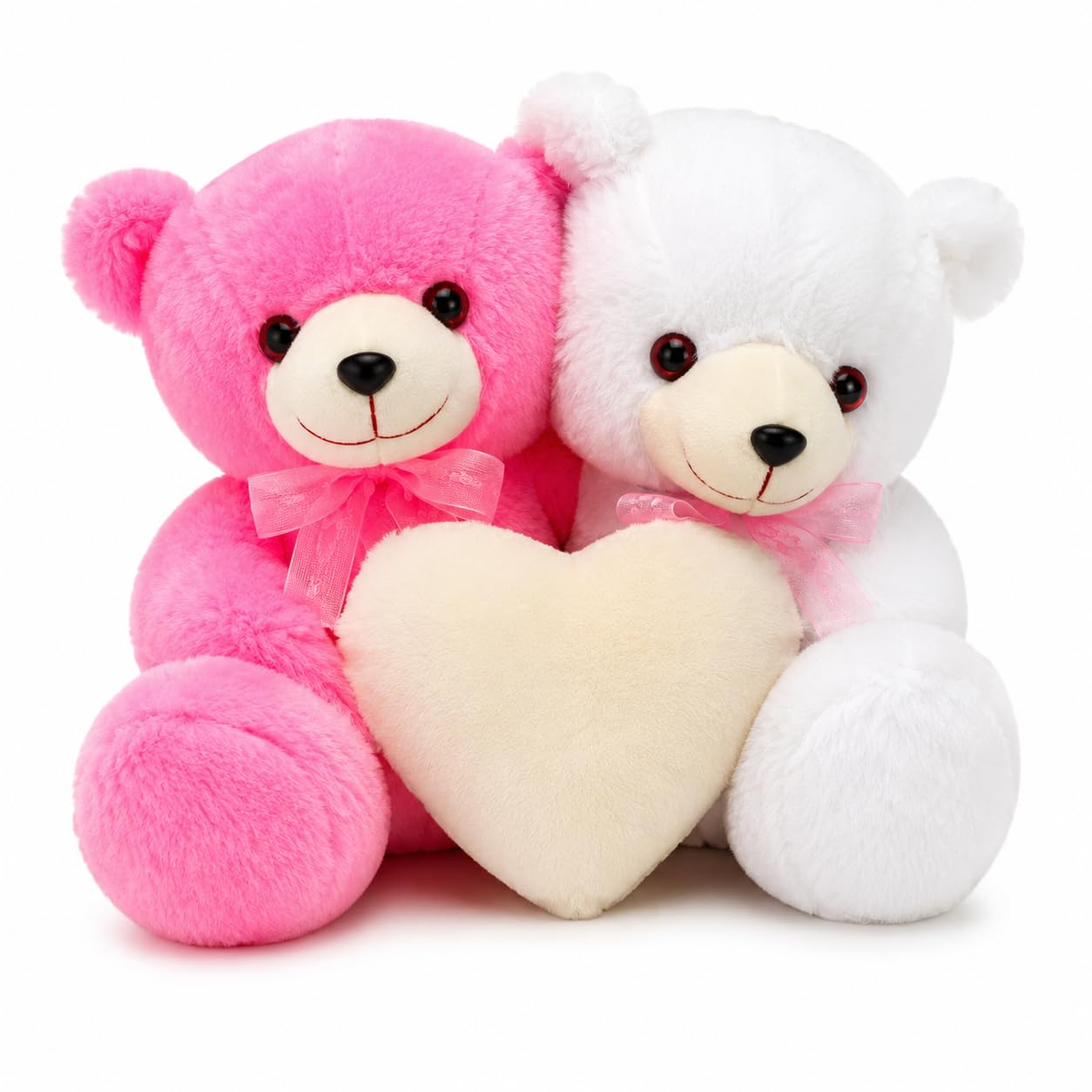 Personalized Couple Teddy Bear with Heart Cushion, Custom Photo Print Soft Plush Toy, Pink & White, Birthday, Anniversary, Valentine's Day Gift, 28 cm-image-1
