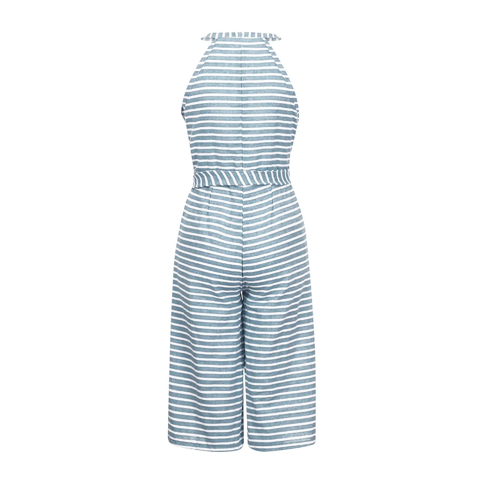 FUPODD Jumpsuit Damen Sommer Elegant Gestreift Overall 7/8 Lang Mit Gürtel Playsuit Neckholder Einteiler Weites Bein Jumpsuits Für Damen Mit Tasche Onesie Ärmellos Romper Frauen Streifen Hosenanzug