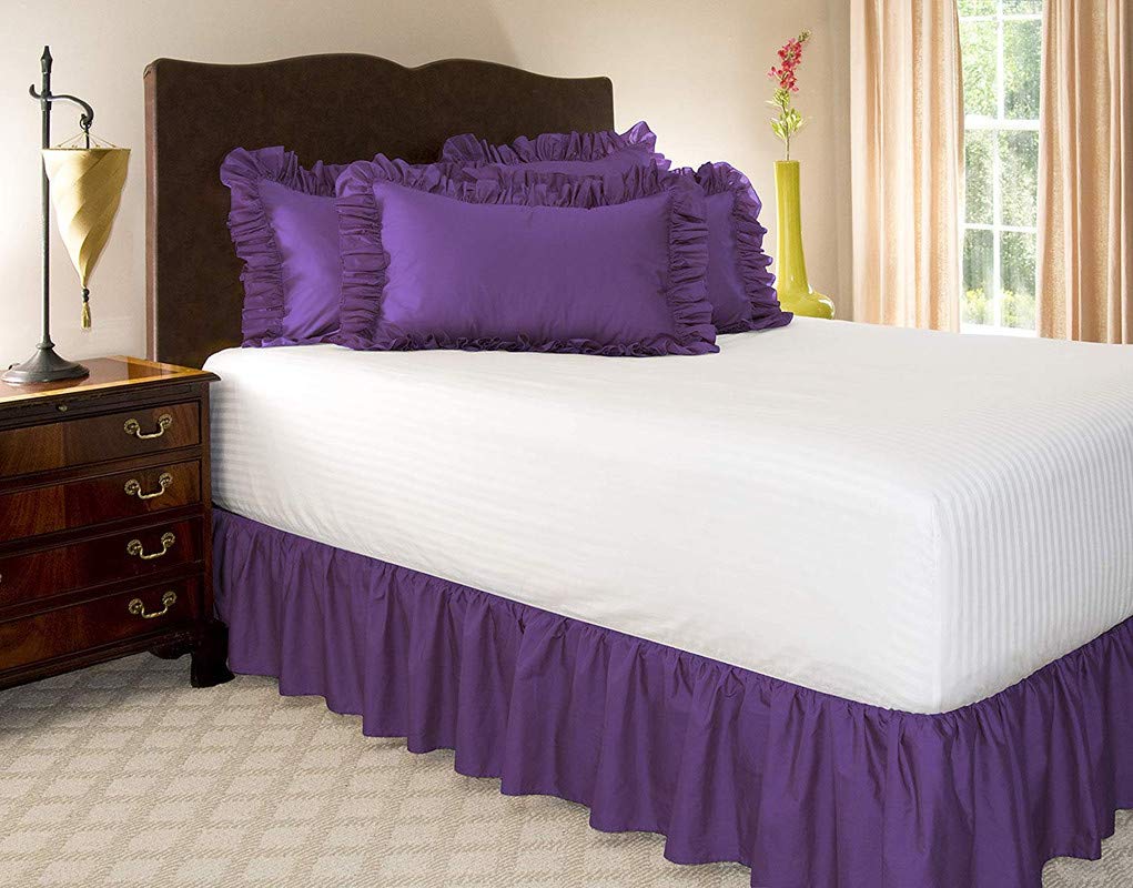 Purple Bed Skirt Ruffle - Dust Ruffle - Easy Fit with 16 Inch Tailored Drop 600 TC 100% Egyptian Cotton 16'' Frill bedsheet Skirt with 2 Ruffle Pillow Cover-image-20