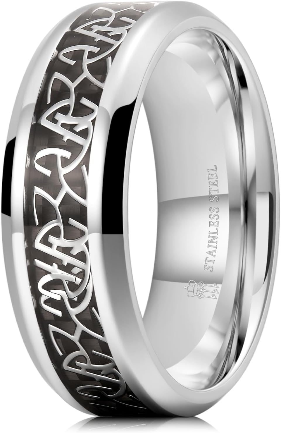 THREE KEYS JEWELRY 316L Stainless Steel Ring for Men Women- 8mm Width Black/Silver/Gold Plated Wedding Rings With Celtic Knot Pattern Inlay Beveled Edge Comfort Fit Promise Ring Size 7-13