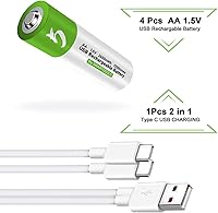 Vista 4 de Paquete de 4 pilas AA, pilas AA recargables, 2600 mwh con cable de carga USB tipo C 4 en 1, baterías de litio doble A, batería AA de 1.5 V, potencia