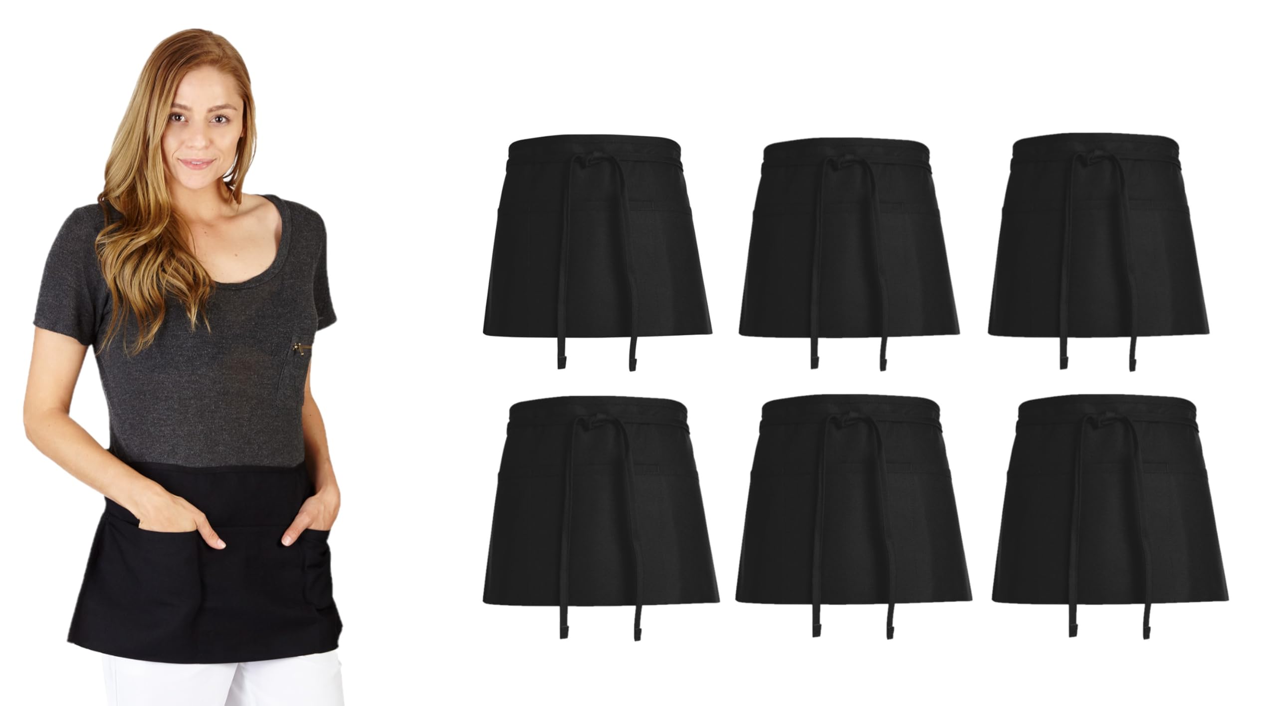 Natural Uniforms - Delantales de cintura comerciales (6 unidades), varios bolsillos, color negro