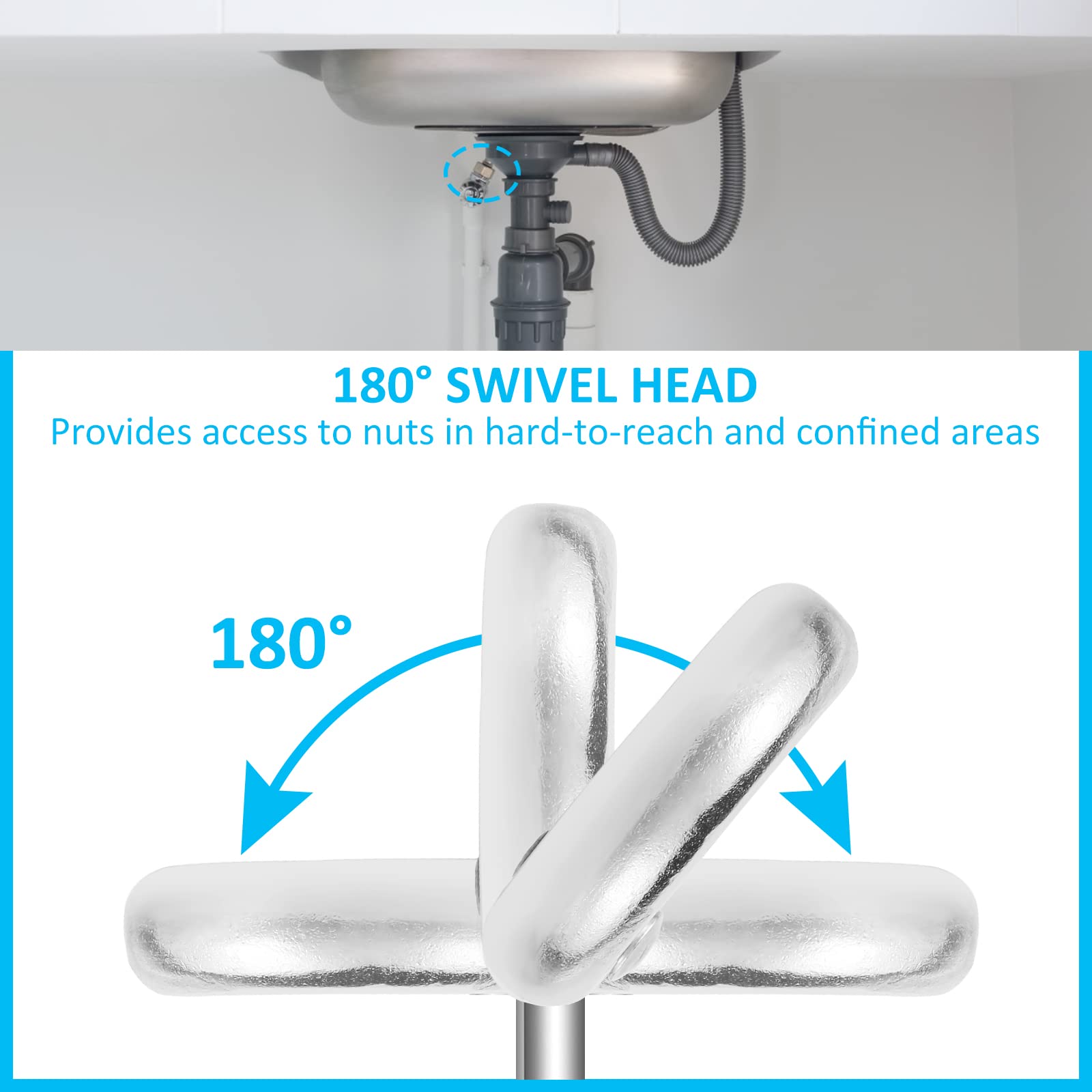 Clé de lavabo rotative à 180 degrés réglable en acier au carbone robuste pour robinet de robinet, outil de réparation universel pour évier, salle de bain, cuisine (argenté)
