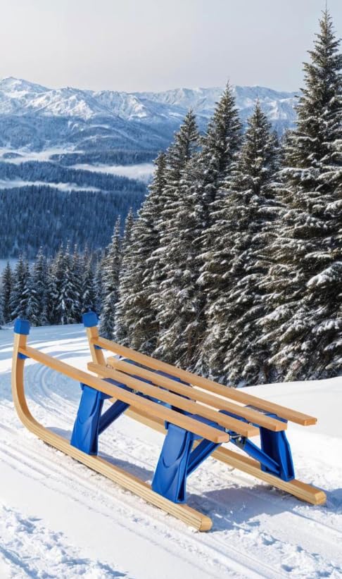 Slittino in legno - Slitta da neve - Slittino pieghevole - Con cordino e pinza per palle da neve - Lacci in acciaio - Portata 130 kg - Senza schienale
