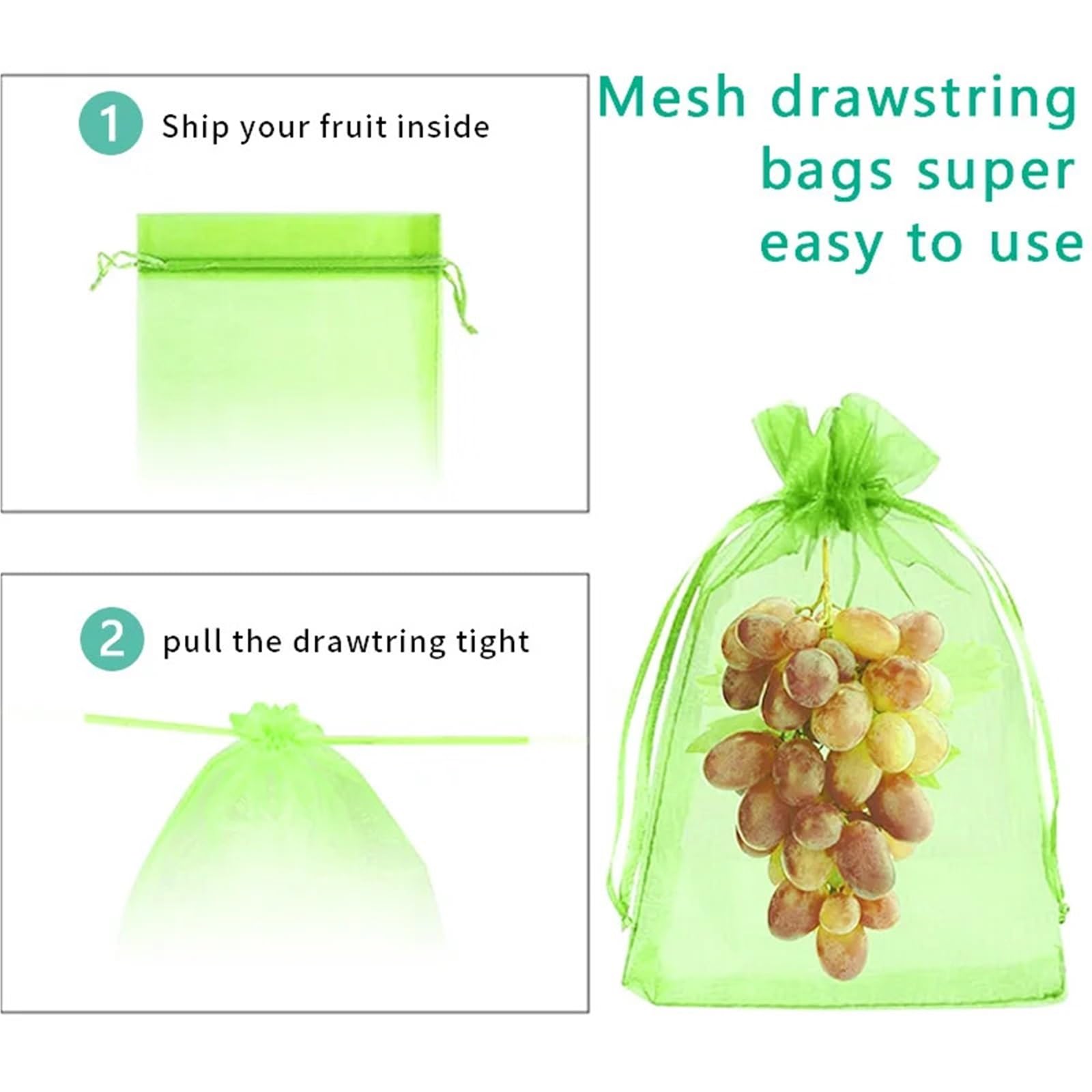 Lot de 120 sacs de protection réutilisables en organza pour arbres fruitiers avec fermeture à cordon de serrage Vert 25 à 35 cm