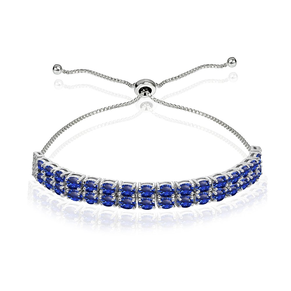 B. BRILLIANT Sterling Silver Genuine, Created or Simulated Oval 2-Row Adjustable Gemstone Bracelet for Women