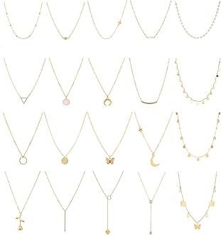 20PCS 14K Gold Plated Choker Necklaces for Women, Dainty Gold Diamond Coin Pearl Pendant Simple Chain Necklace Set Cute Gold Layered Necklaces for Women Teen Jewelry Gifts