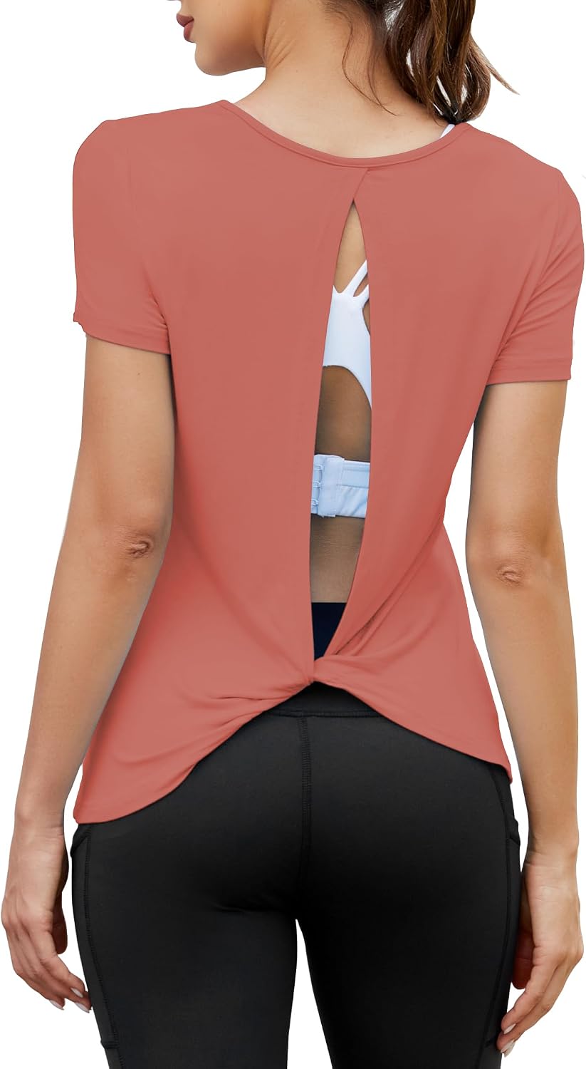 Mippo Open Back Workout Tops for Women Soft Short Sleeve Athletic Yoga Gym T Shirts