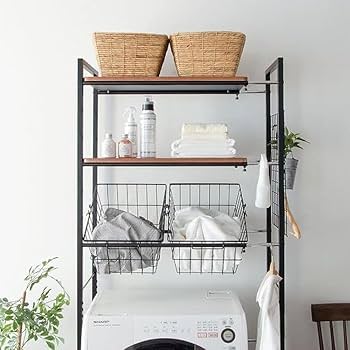 Amazon｜伸縮 ランドリーラック ワイヤー バスケット付 棚 洗濯