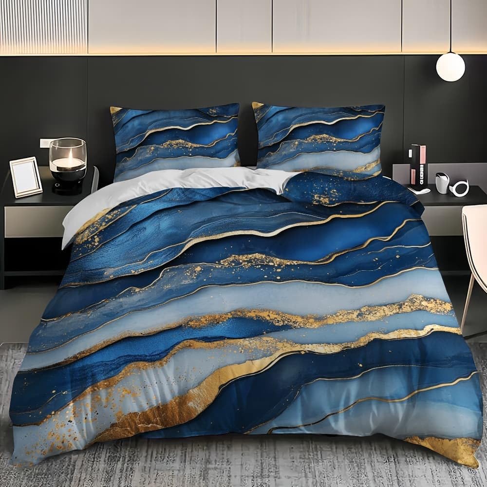Fluido Di Marmo Lussuoso Copripiumino 2 Persona con Cerniera 250x200 cm Blu Set Biancheria da Letto in Microfibra, Lavabile in Lavatrice, per Bambini, Adolescenti e Adulti