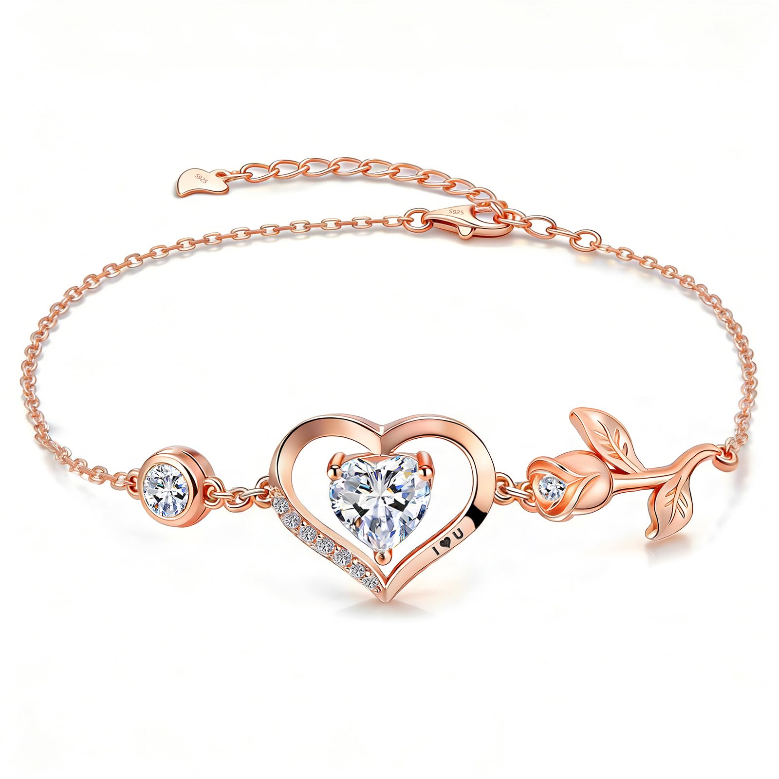 JACUPO Damen S925 Silber Armband mit I LOVE YOU. | Herz Rose Geburtsstein Armband, funkelnder Moissanit Zirkon Schmuck, Geschenk zum Geburtstag, Valentinstag oder Jahrestag.