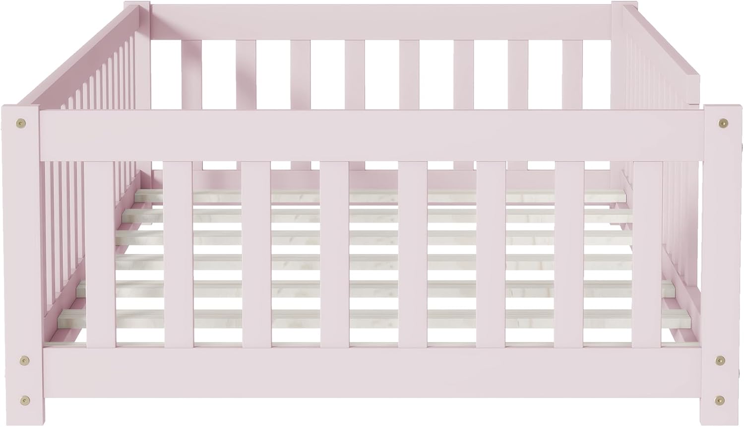 Twin Size Floor Bed with Safety Guardrails for Kids,Wood Montessori Floor Bed for Toddlers, Without Door, No Box Spring Needed, Pink