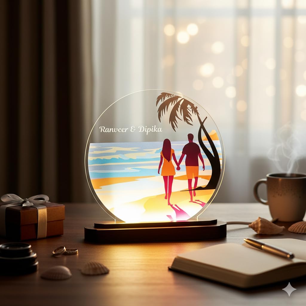 LASER ART Personalized Couple LED Night Lamp | Custom Name & Date Engraved Acrylic Photo Frame with Wooden Base | Romantic Wedding, Anniversary & Valentine's Day Gift for Her, Him (Beach_Moments)-image-26