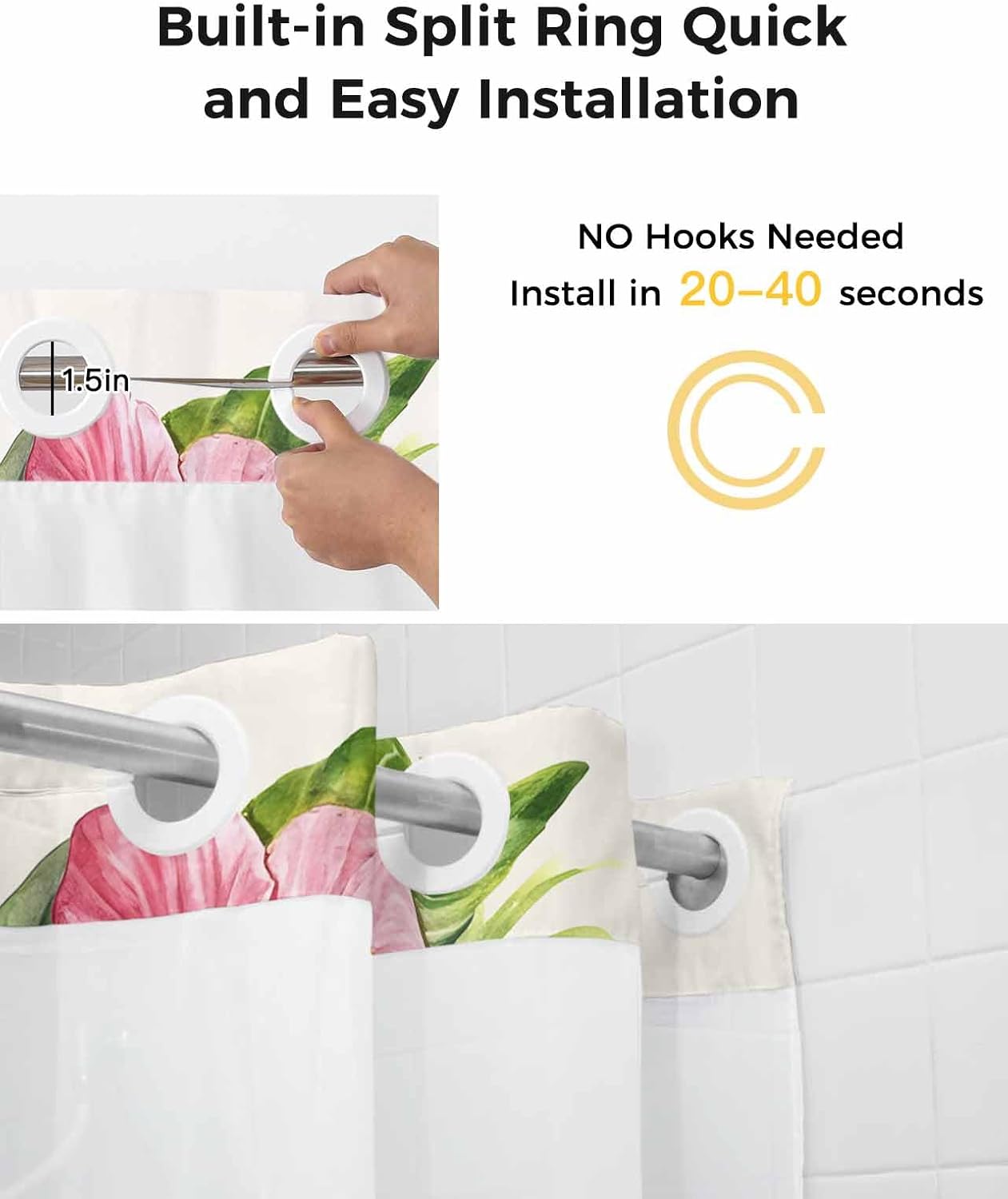Shower Curtain with Snap-in Liner, No Hooks, Farmhouse Hibiscus Flower Bee Tropical Plant Watercolor Design, See-Through Top Window, Bathroom Spa Hotel Grade, 36"x78"