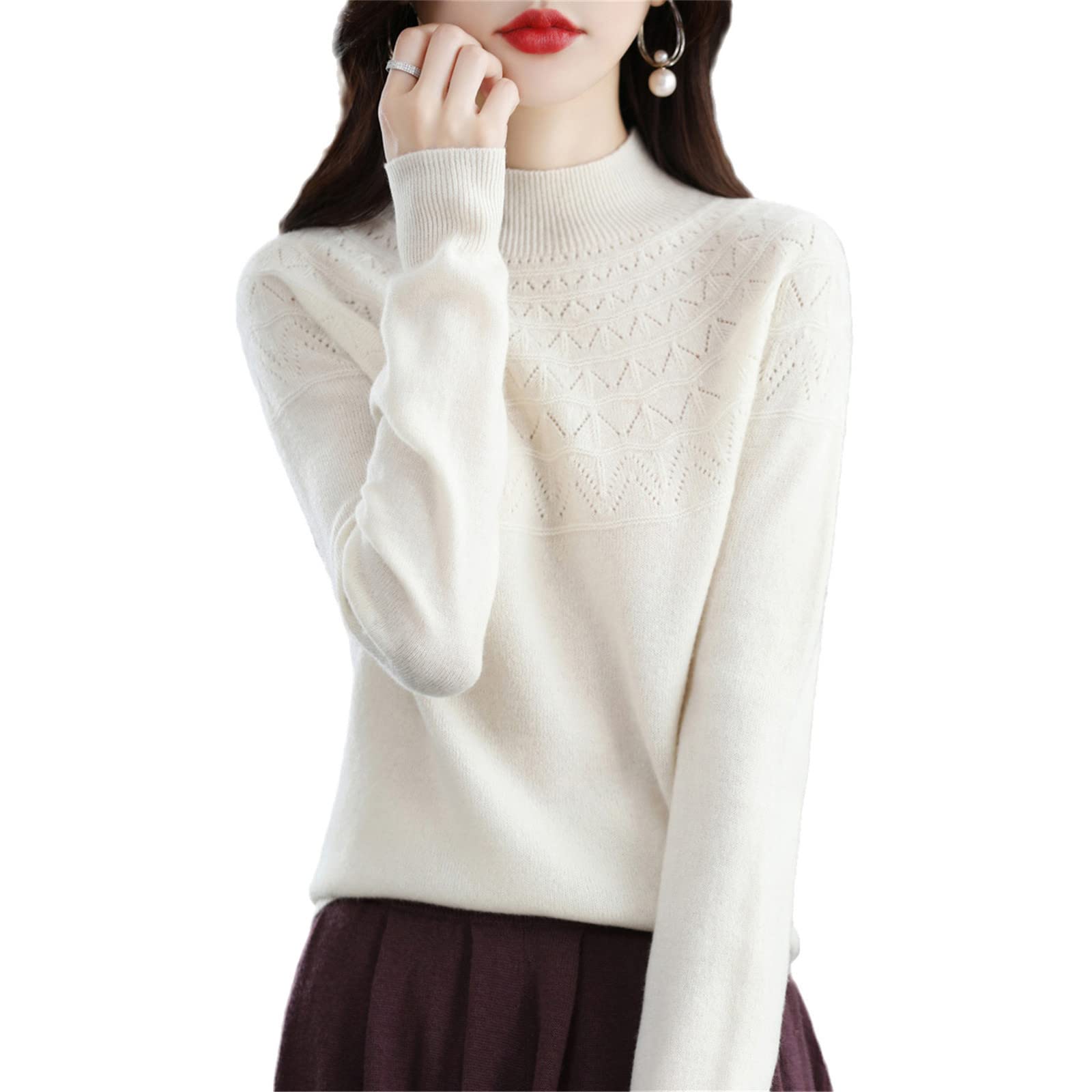 Kelsiop Otoño e invierno sin costuras de una sola línea listo para usar suéter de mujer 100% lana de cuello alto recortado suéter