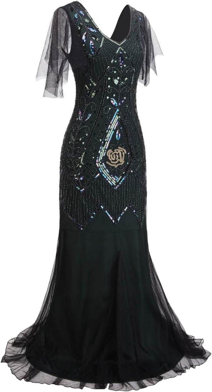 1920s Art Deco Sequin Maxi Dress, Vintage Flapper Gatsby Style, V-Neck with Tulle Sleeves, Long Evening Formal Gown - Image 2
