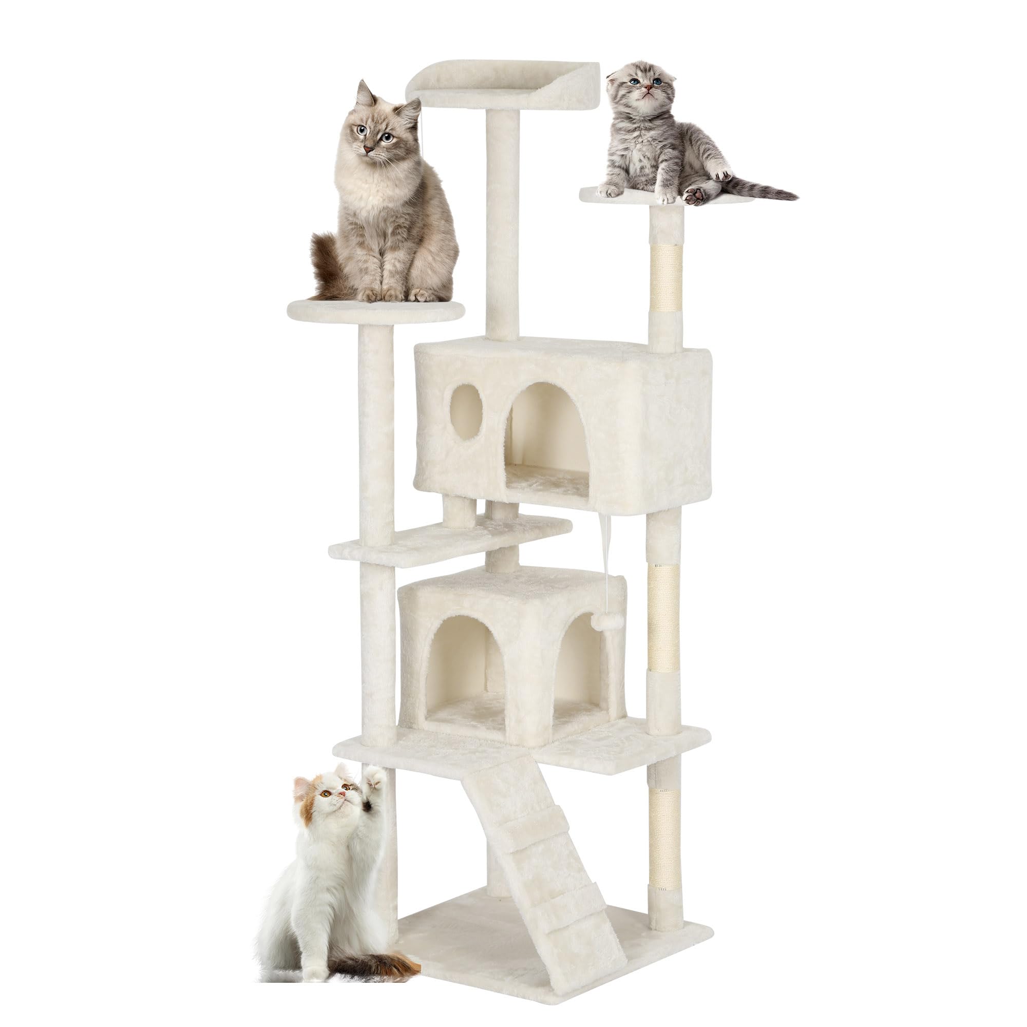 FDW Cat Tree Tower 62in Multi-Level Durable Cat Scratching Post & Cozy Fun Jumping Platform Space Saving Condo Pet Play House for Indoor Cats, Beige